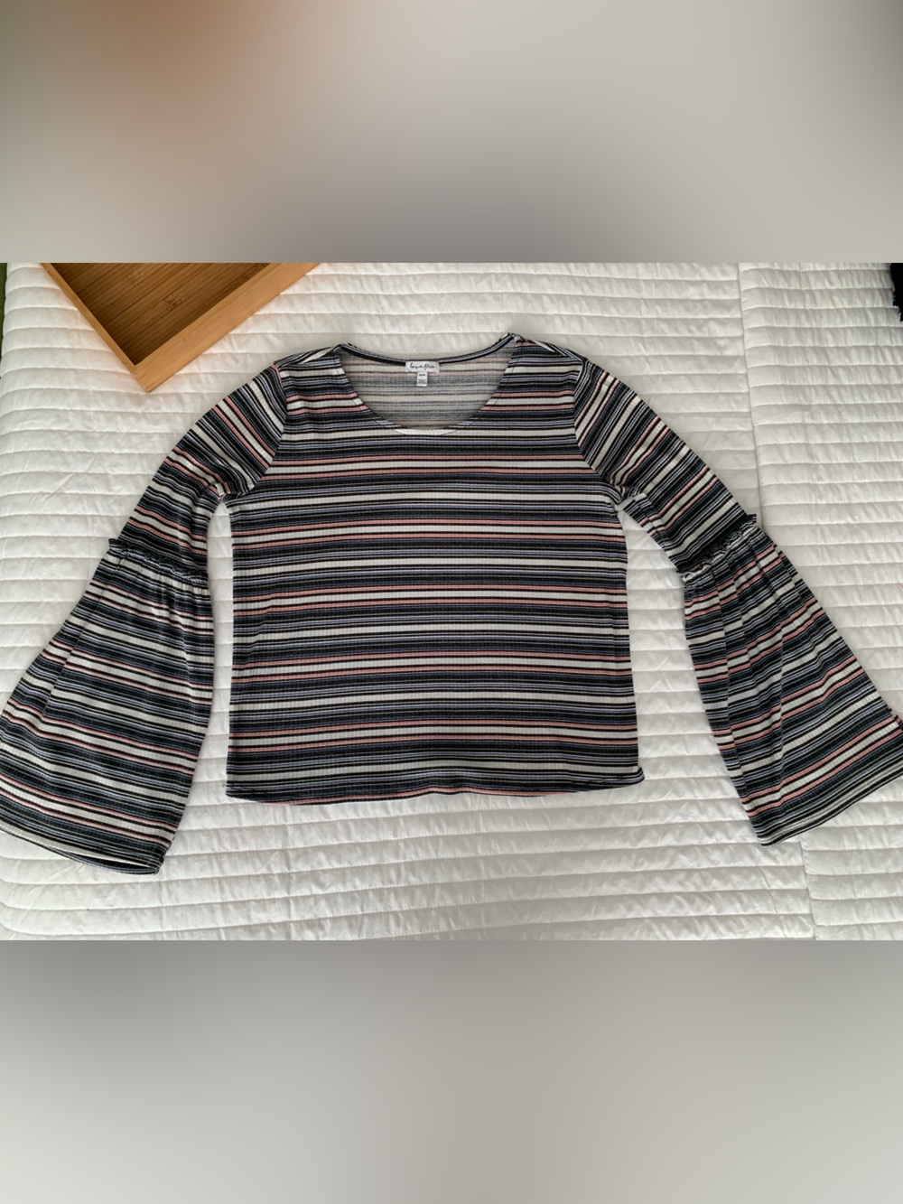 Love, Fire Shirt Bell Sleeves Top Juniors M Black Pink White Striped Lightweight